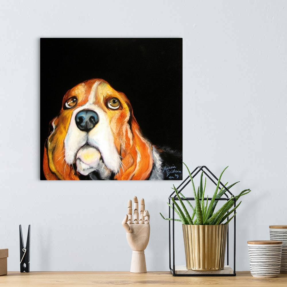 A bohemian room featuring This adorable basset hound painting captures the love our sweet pets show, that unconditional lov...