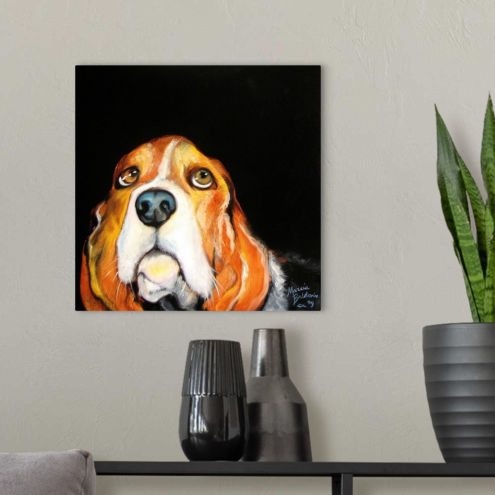 A modern room featuring This adorable basset hound painting captures the love our sweet pets show, that unconditional lov...