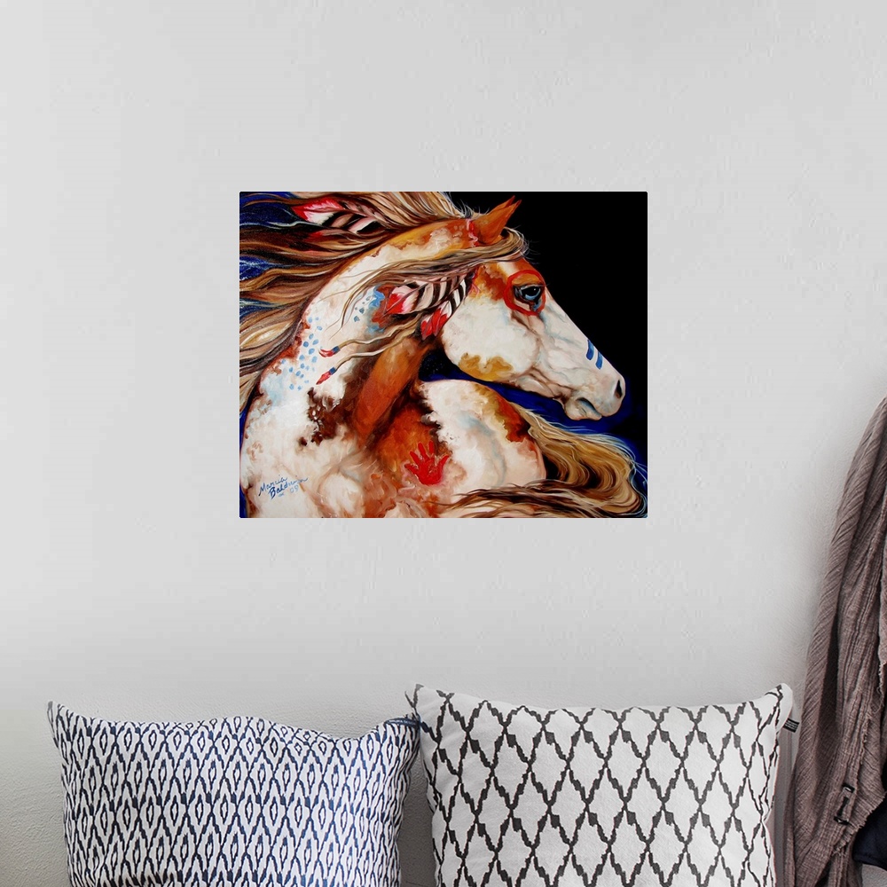 A bohemian room featuring Contemporary painting of an Indian War Horse with painted markings and feathers in its mane.