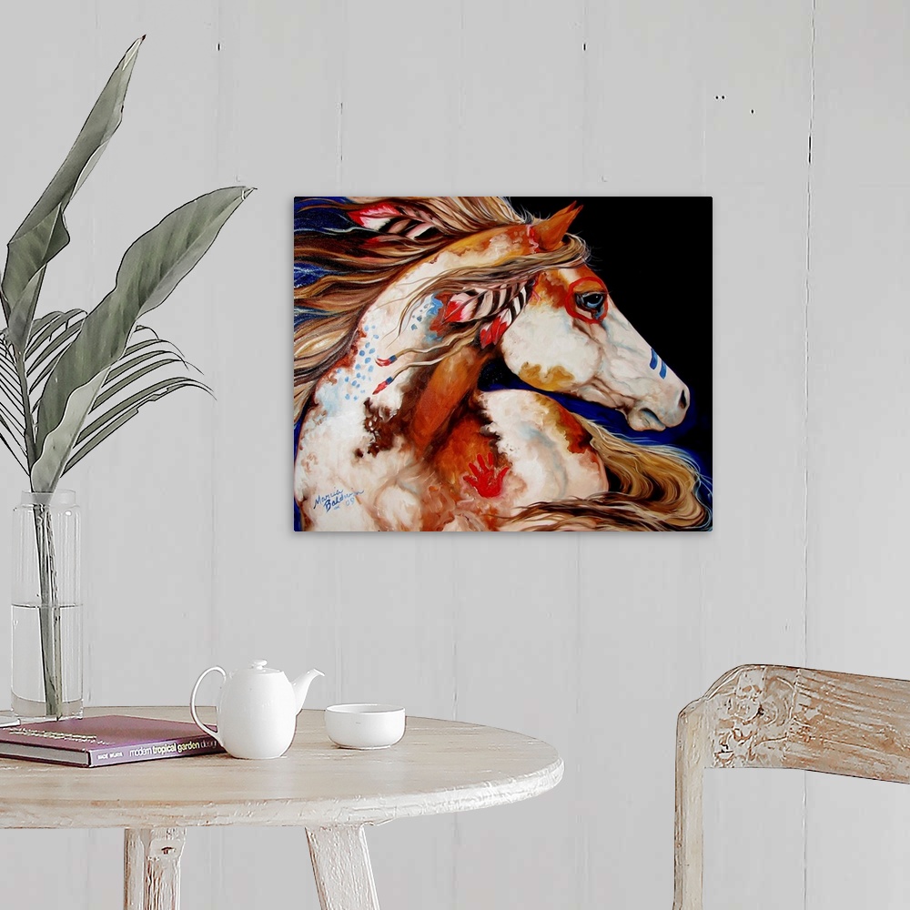 A farmhouse room featuring Contemporary painting of an Indian War Horse with painted markings and feathers in its mane.