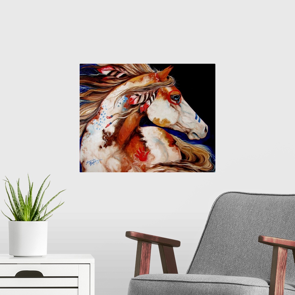 A modern room featuring Contemporary painting of an Indian War Horse with painted markings and feathers in its mane.