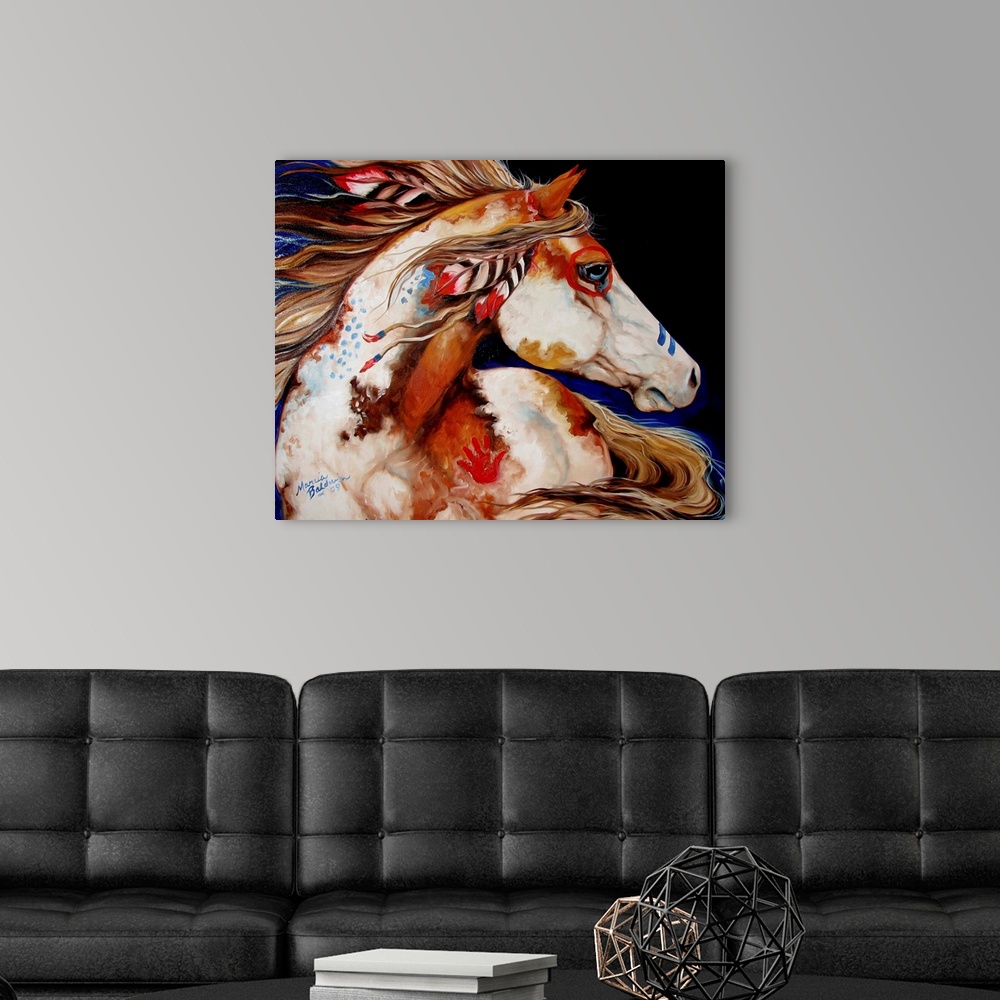 A modern room featuring Contemporary painting of an Indian War Horse with painted markings and feathers in its mane.