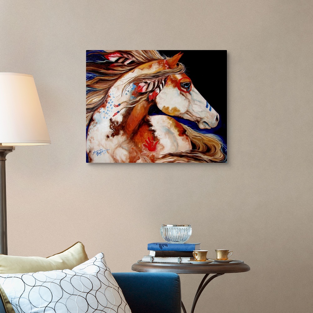 A traditional room featuring Contemporary painting of an Indian War Horse with painted markings and feathers in its mane.