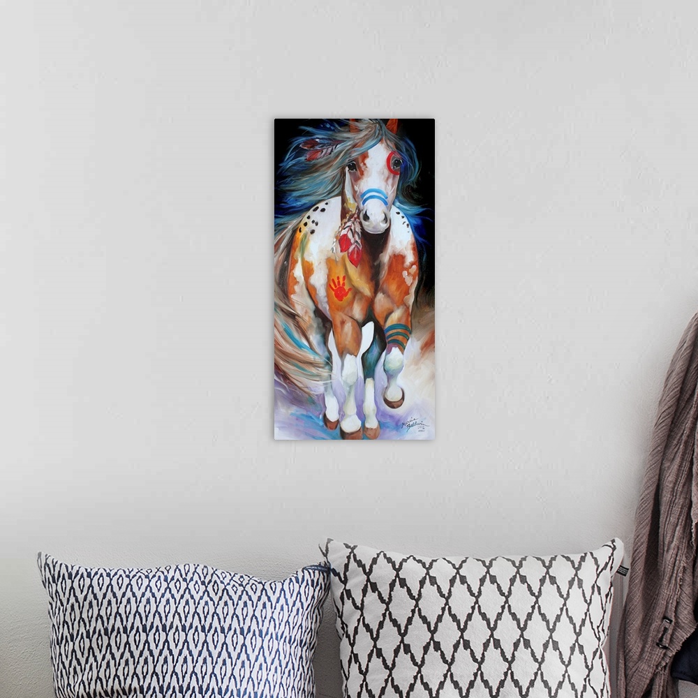 A bohemian room featuring Panel painting of an Indian War Horse in action with red and blue body paint and feathers in its ...