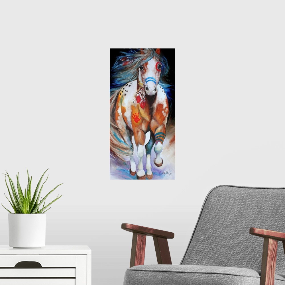 A modern room featuring Panel painting of an Indian War Horse in action with red and blue body paint and feathers in its ...