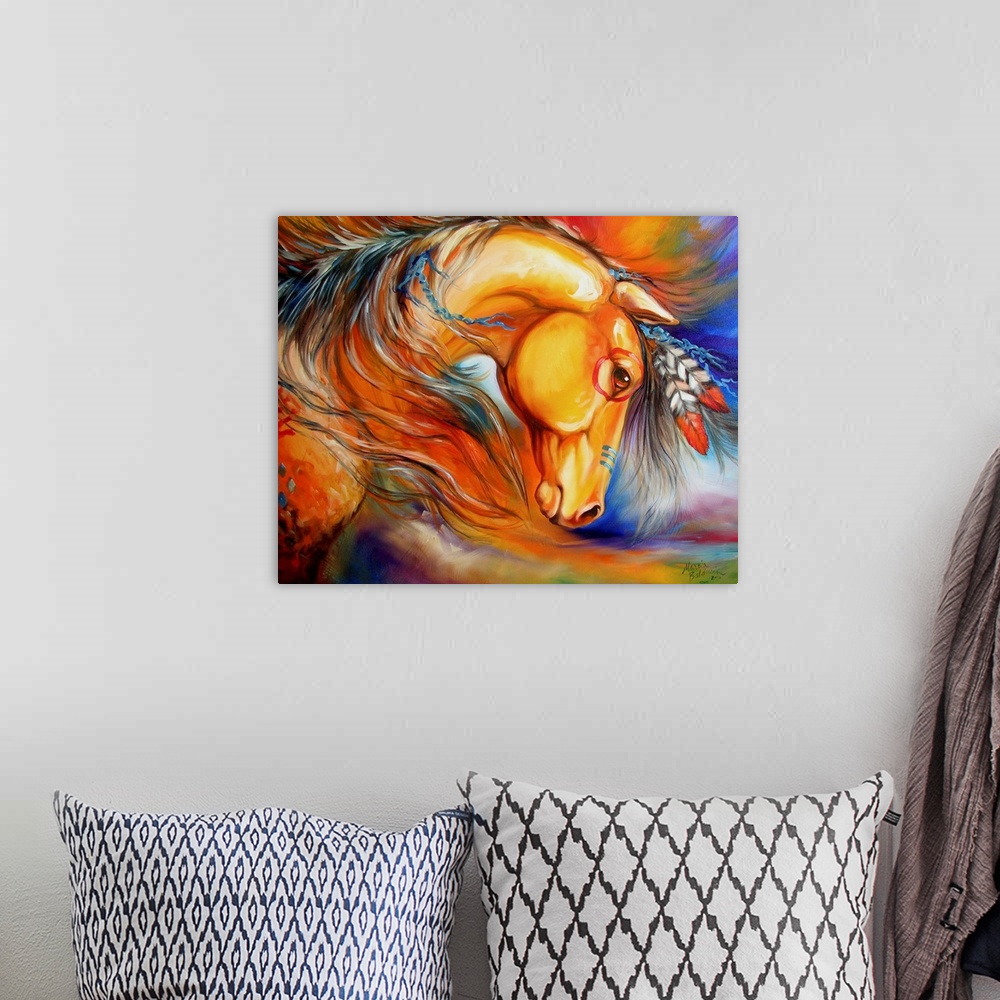 A bohemian room featuring Contemporary painting of a golden Indian War Horse with red and blue body paint and feathers in i...