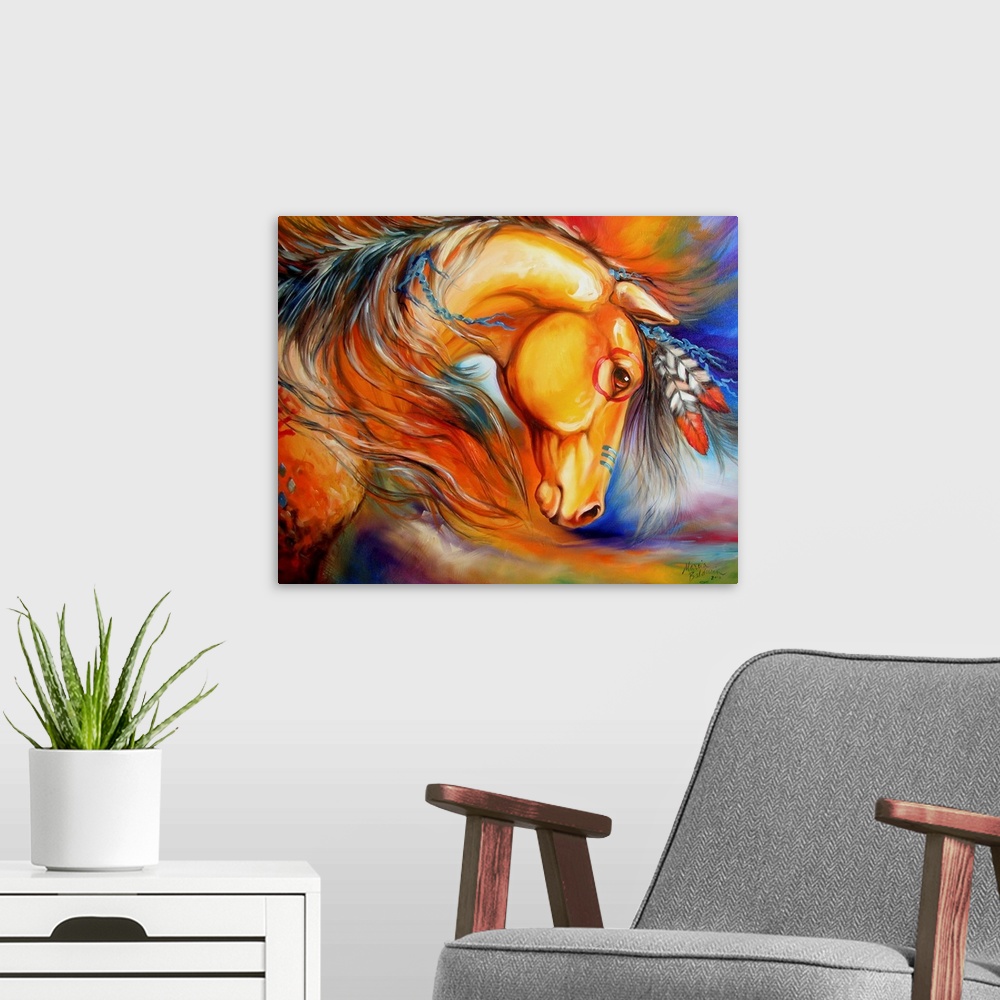 A modern room featuring Contemporary painting of a golden Indian War Horse with red and blue body paint and feathers in i...