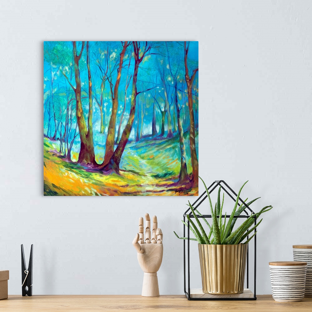 A bohemian room featuring Painting of a mystical wooded walking path with a misty haze and distant wanderings on a square b...