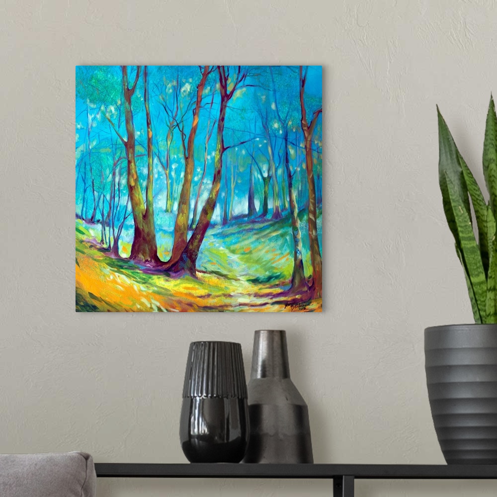 A modern room featuring Painting of a mystical wooded walking path with a misty haze and distant wanderings on a square b...