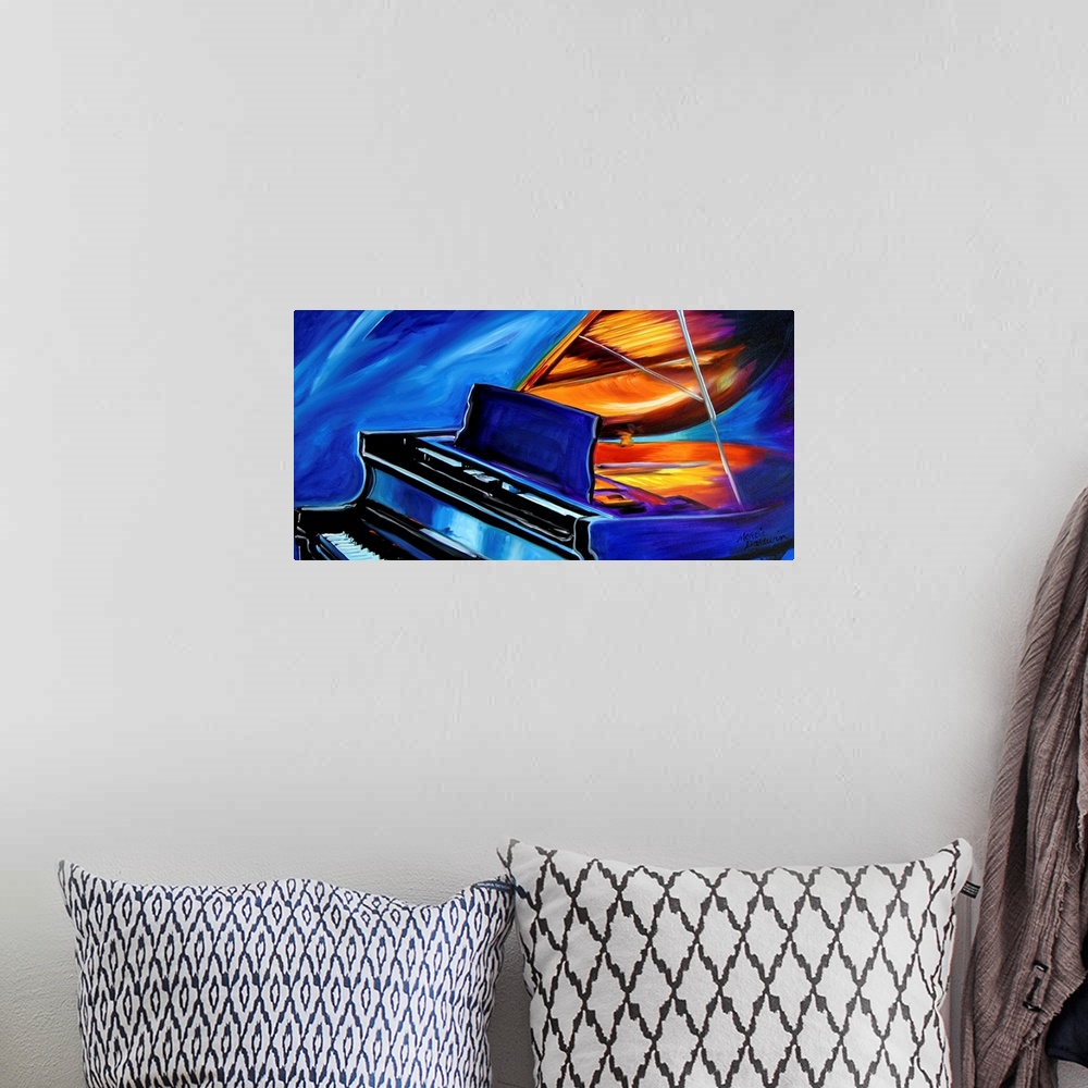 A bohemian room featuring This painting is of the grand piano, in bold striking color and exciting brush stokes.