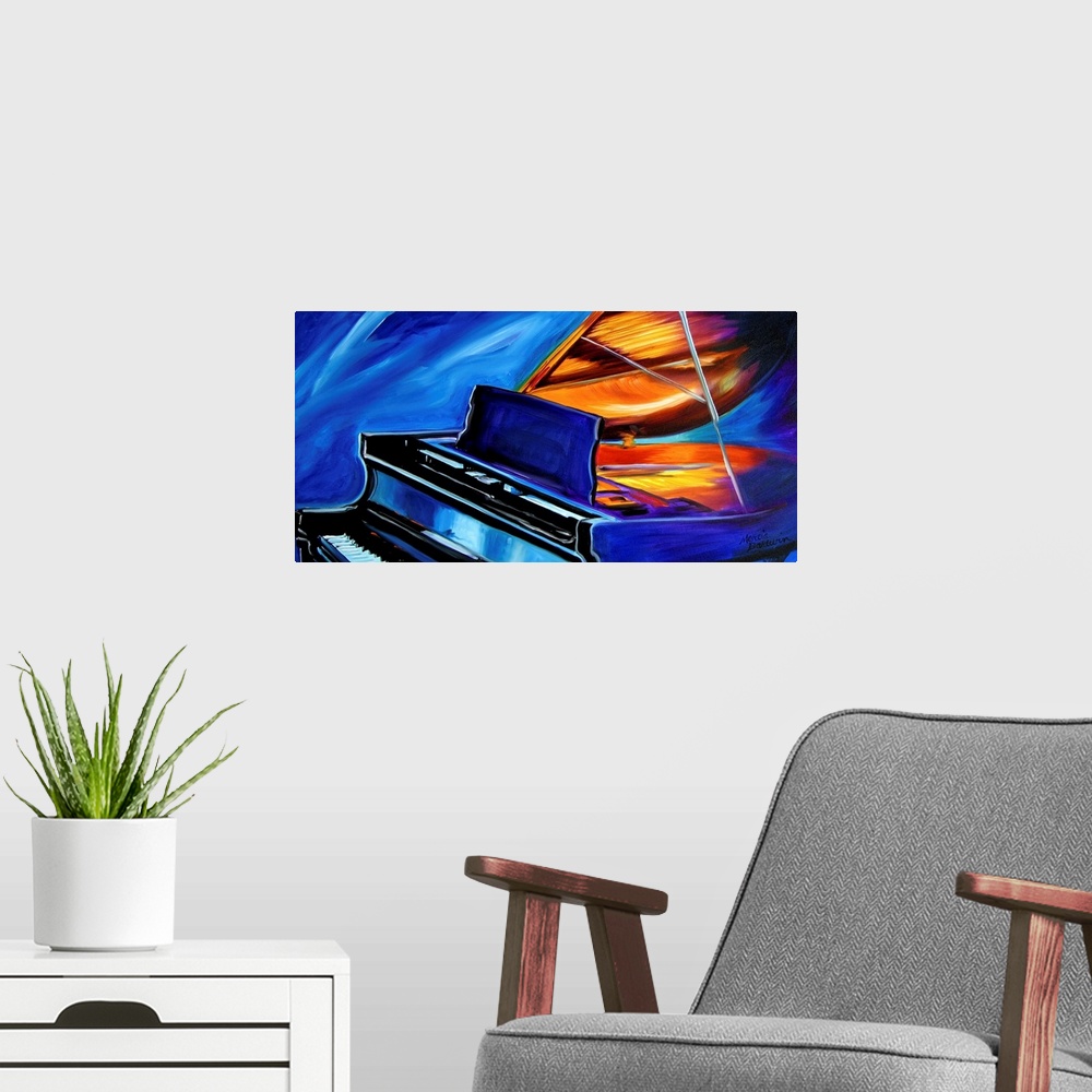 A modern room featuring This painting is of the grand piano, in bold striking color and exciting brush stokes.