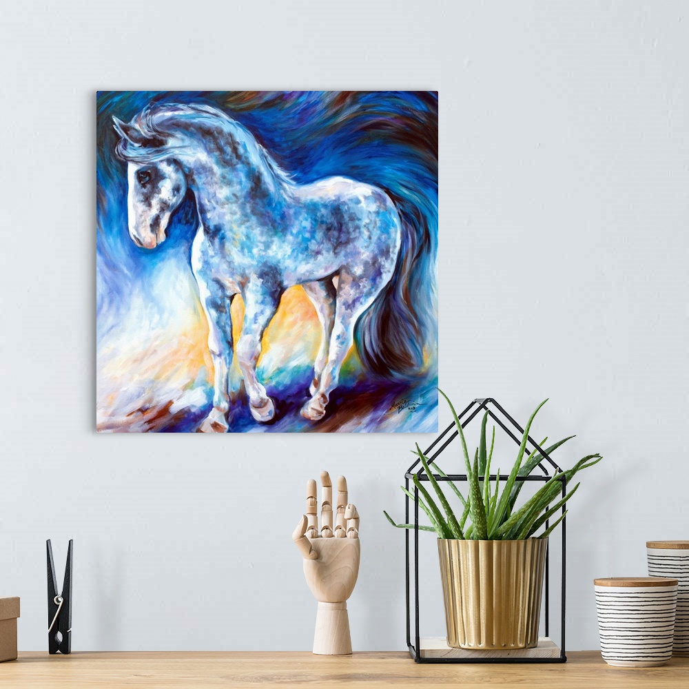 A bohemian room featuring Contemporary painting of a horse made with black, white, and blue hues on an abstract square back...