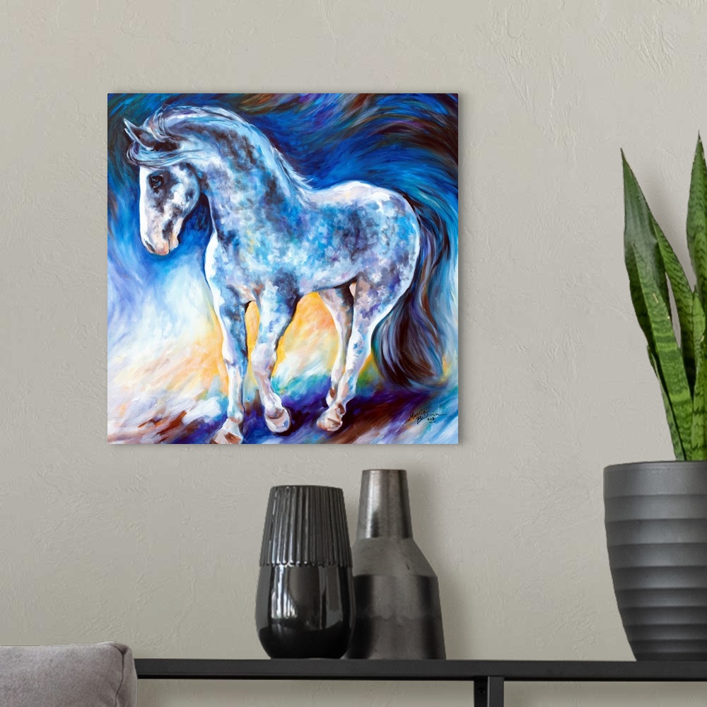 A modern room featuring Contemporary painting of a horse made with black, white, and blue hues on an abstract square back...