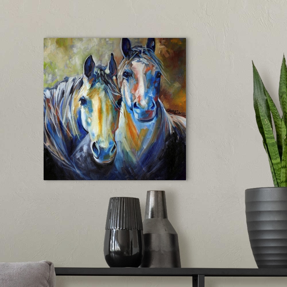 A modern room featuring Painting of two horses standing side by side in earth tones on a square background.