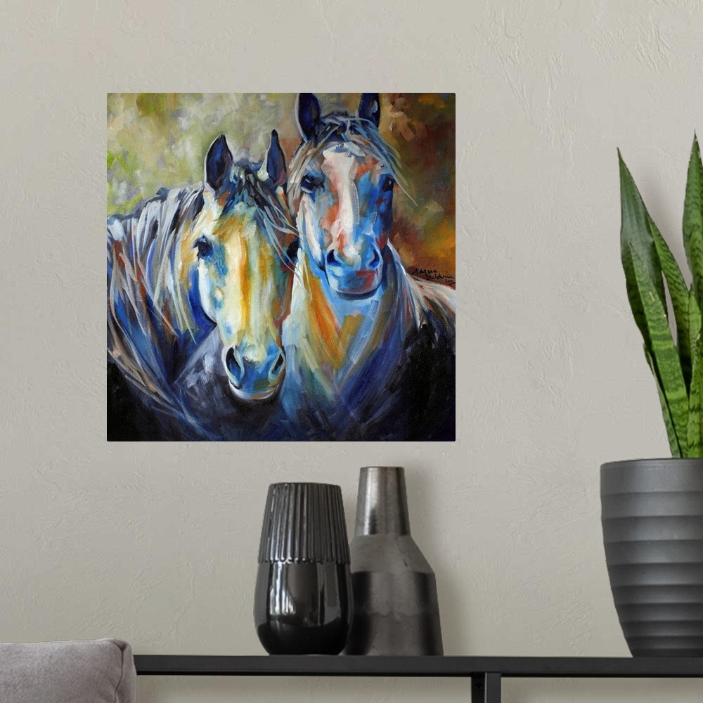 A modern room featuring Painting of two horses standing side by side in earth tones on a square background.