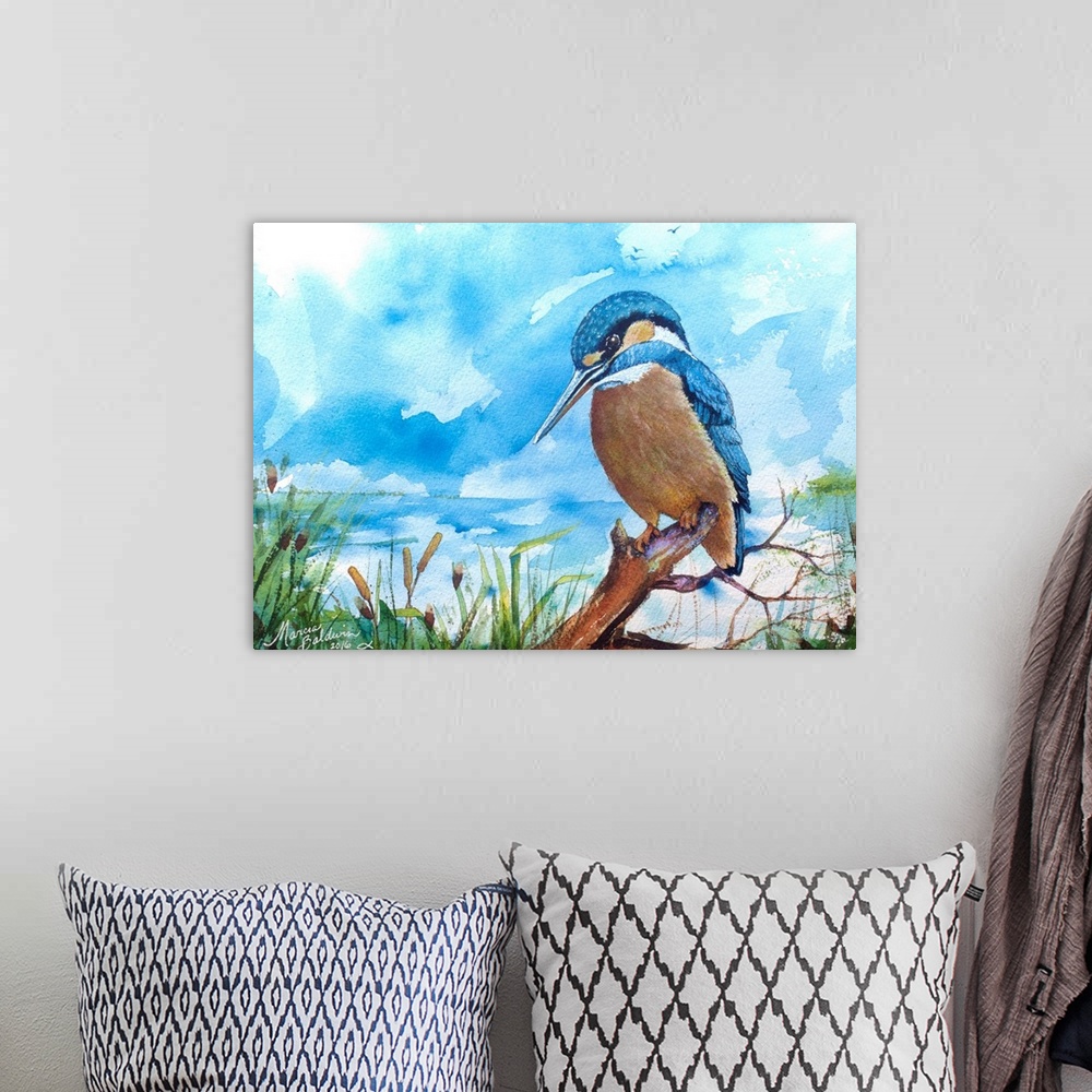 A bohemian room featuring Kingfisher bird sits perched on a dead tree limb watching the waters for his next catch.
