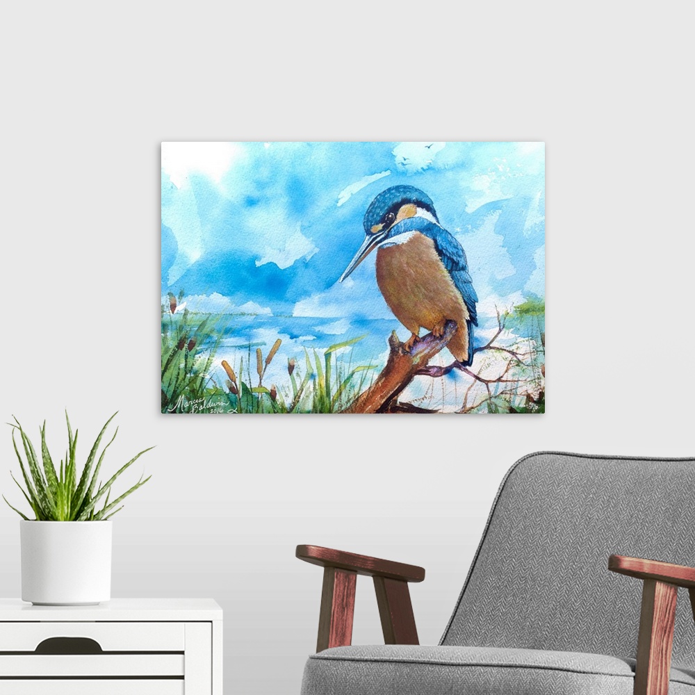 A modern room featuring Kingfisher bird sits perched on a dead tree limb watching the waters for his next catch.