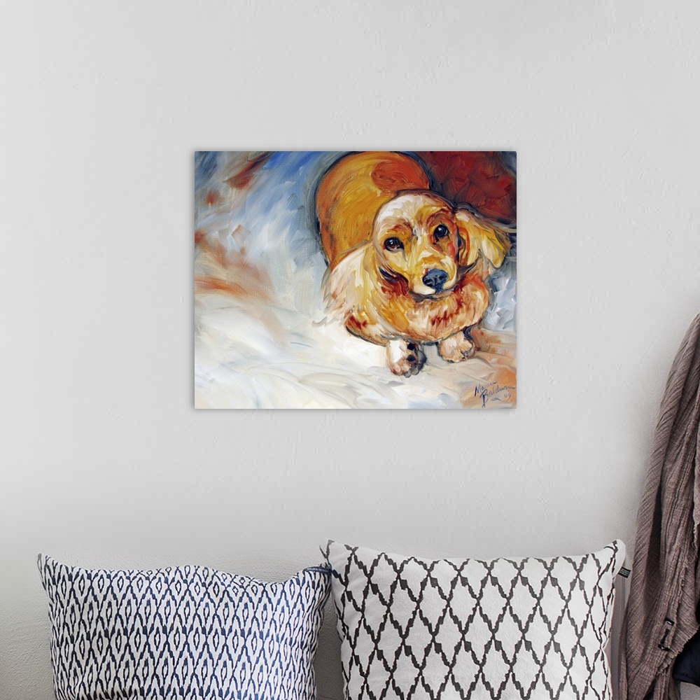 A bohemian room featuring Contemporary painting of a Cocker Spaniel on an abstract background made with white, gray, blue, ...