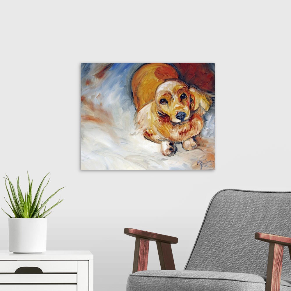A modern room featuring Contemporary painting of a Cocker Spaniel on an abstract background made with white, gray, blue, ...
