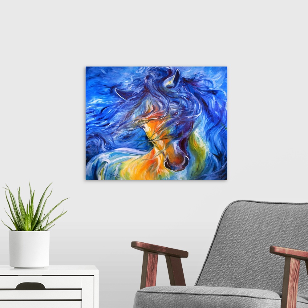 A modern room featuring Equine Abstract of a Friesian horse with blue, yellow, orange, and green tones.