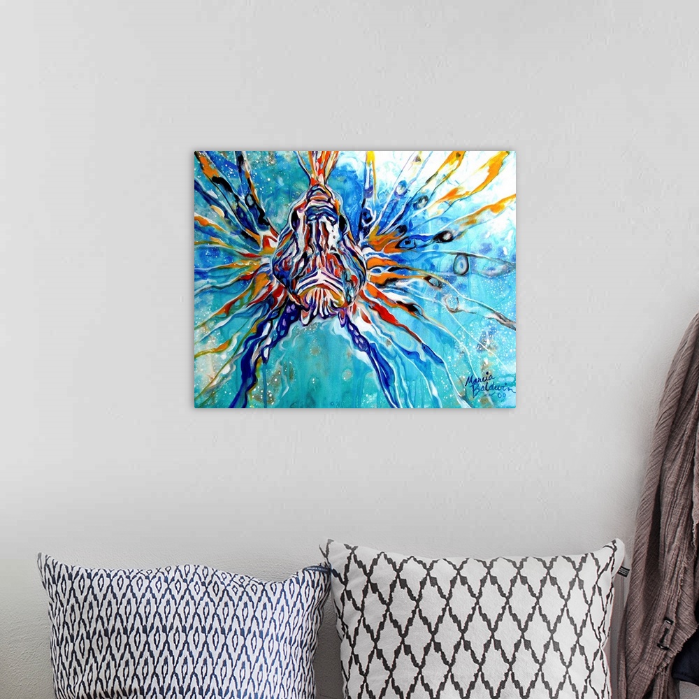 A bohemian room featuring This oil painting depicts an abstract composition of a lion fish in aqua blue waters.