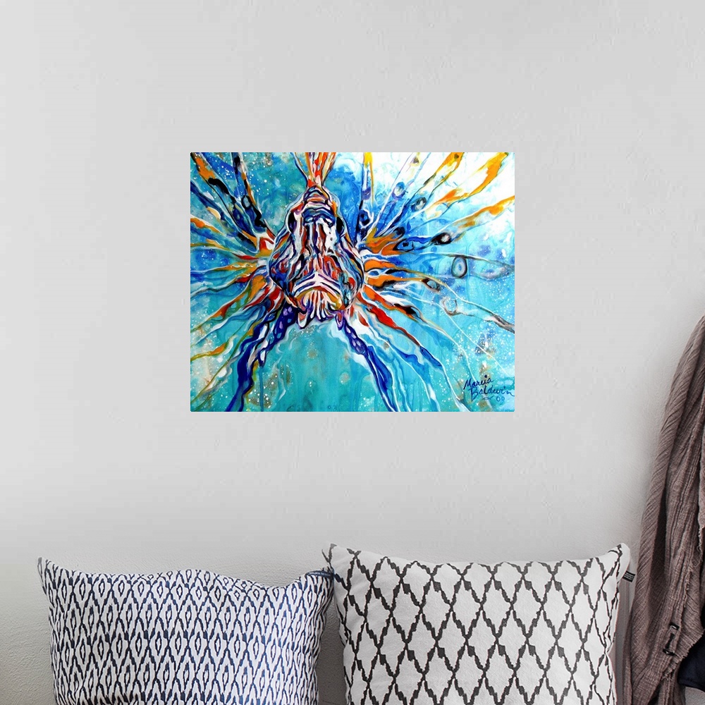 A bohemian room featuring This oil painting depicts an abstract composition of a lion fish in aqua blue waters.
