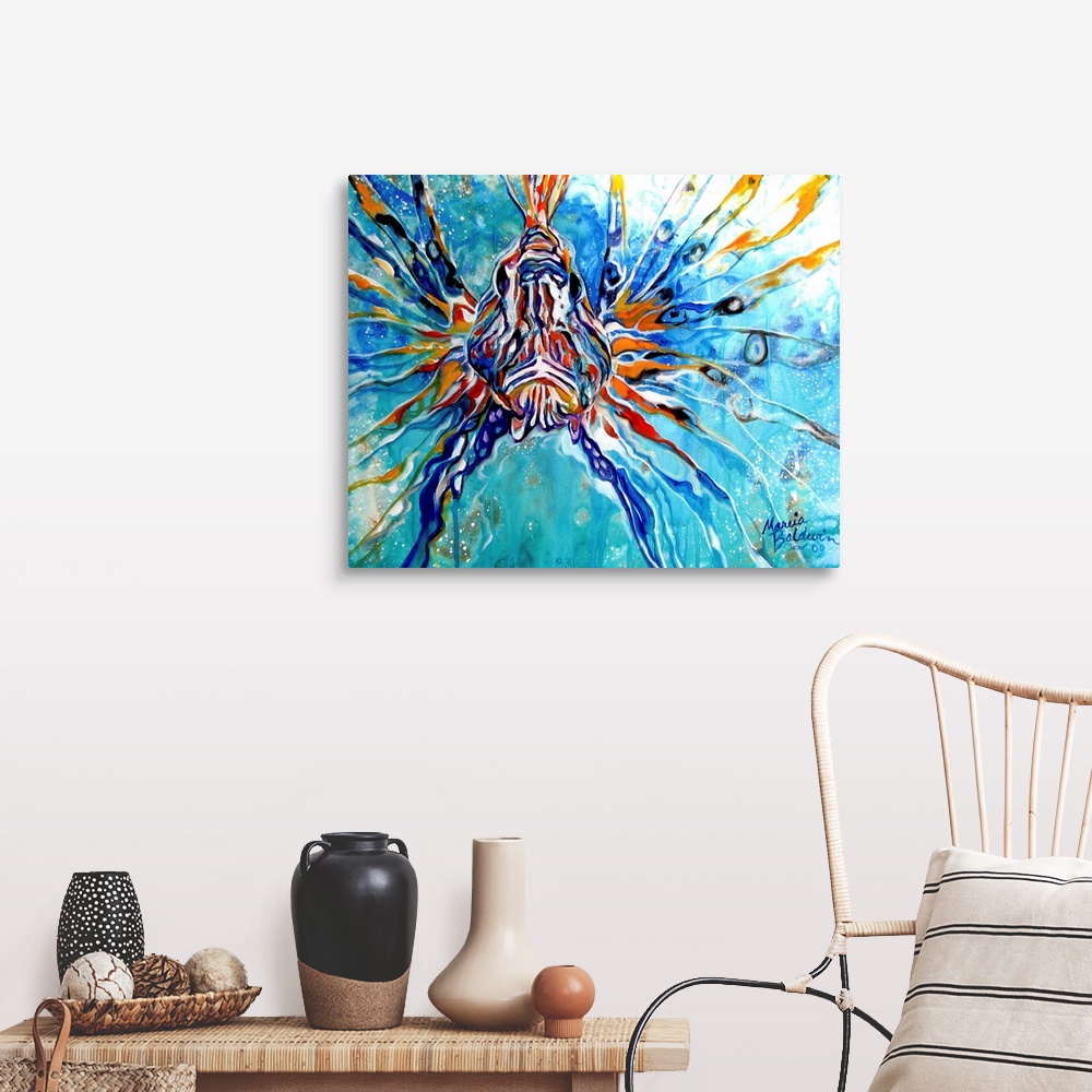 A farmhouse room featuring This oil painting depicts an abstract composition of a lion fish in aqua blue waters.