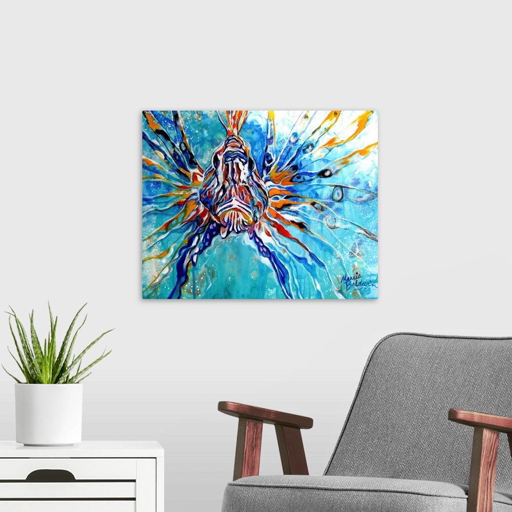 A modern room featuring This oil painting depicts an abstract composition of a lion fish in aqua blue waters.