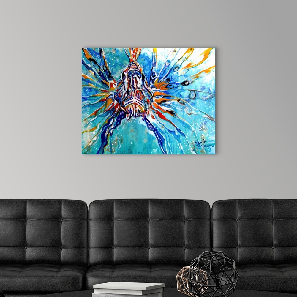 A modern room featuring This oil painting depicts an abstract composition of a lion fish in aqua blue waters.
