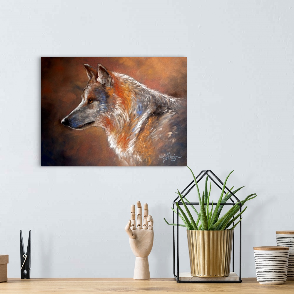 A bohemian room featuring Contemporary painting of a wolf created with short brushstrokes of white, gray, orange, blue, and...