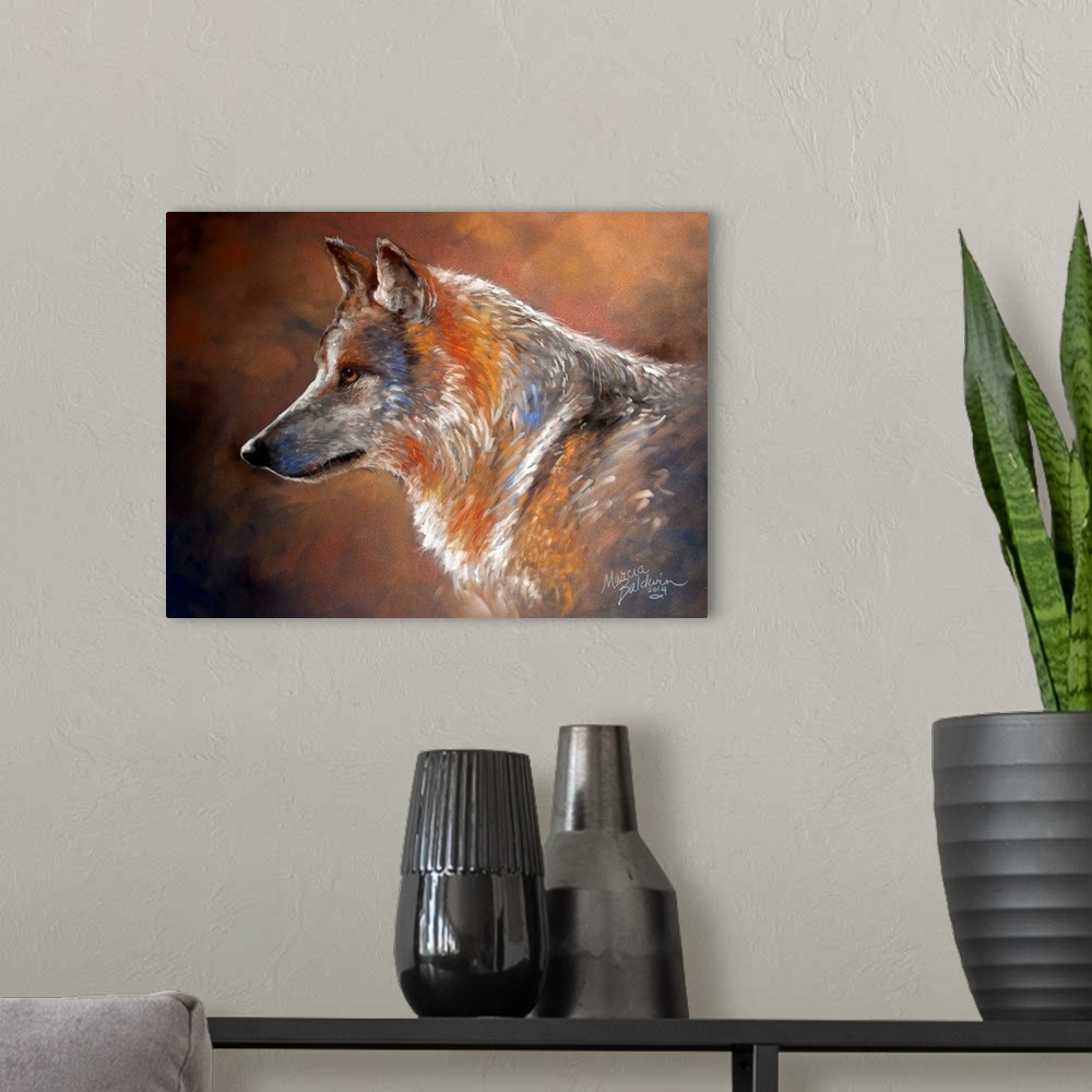 A modern room featuring Contemporary painting of a wolf created with short brushstrokes of white, gray, orange, blue, and...