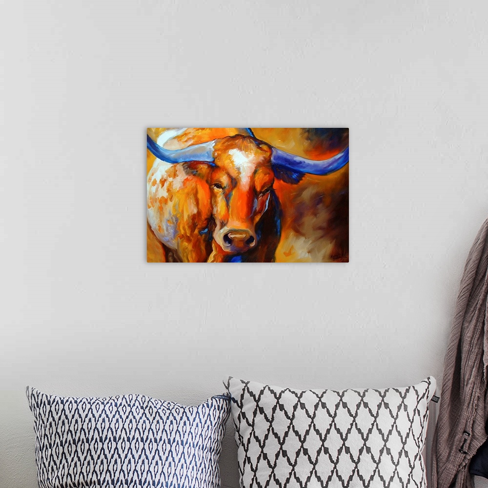A bohemian room featuring Contemporary painting of a longhorn made with warm hues and cool blues on the horns and throughou...