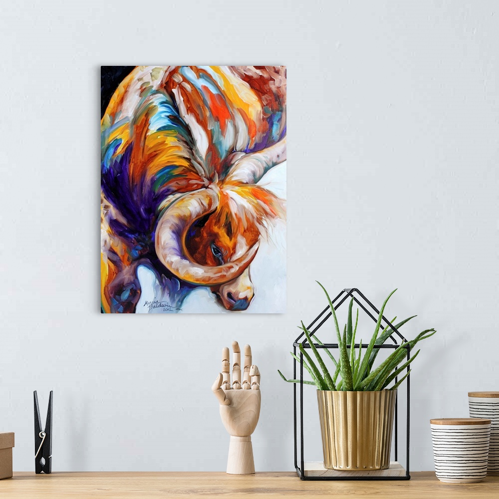 A bohemian room featuring Contemporary painting of a longhorn created with brown, orange, yellow, purple, white, and blue hes.