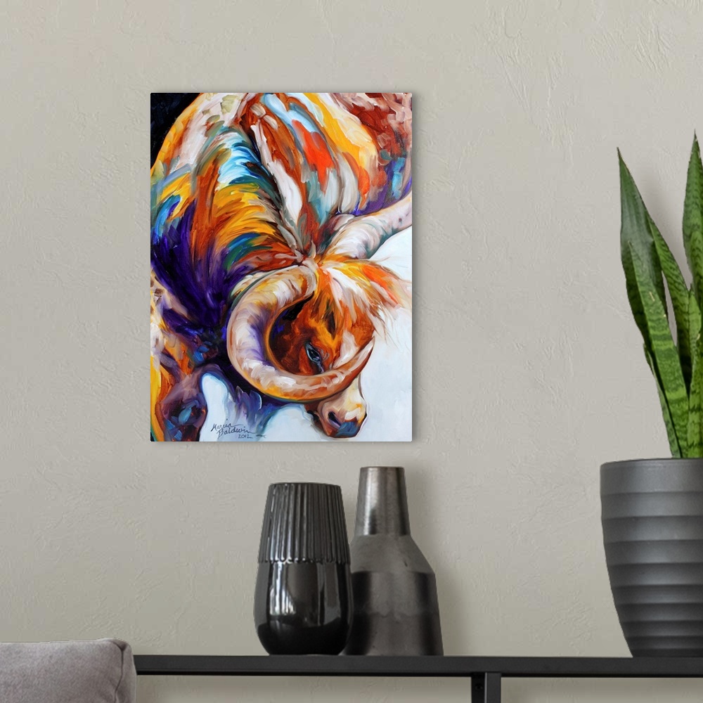 A modern room featuring Contemporary painting of a longhorn created with brown, orange, yellow, purple, white, and blue hes.