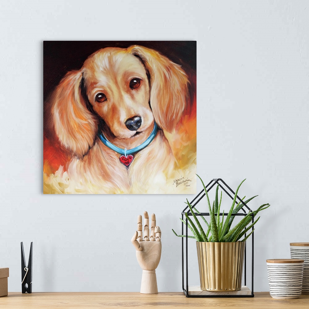 A bohemian room featuring Painting of a blonde dachshund wearing a heart shaped tag that says "Love Me" on a square backgro...