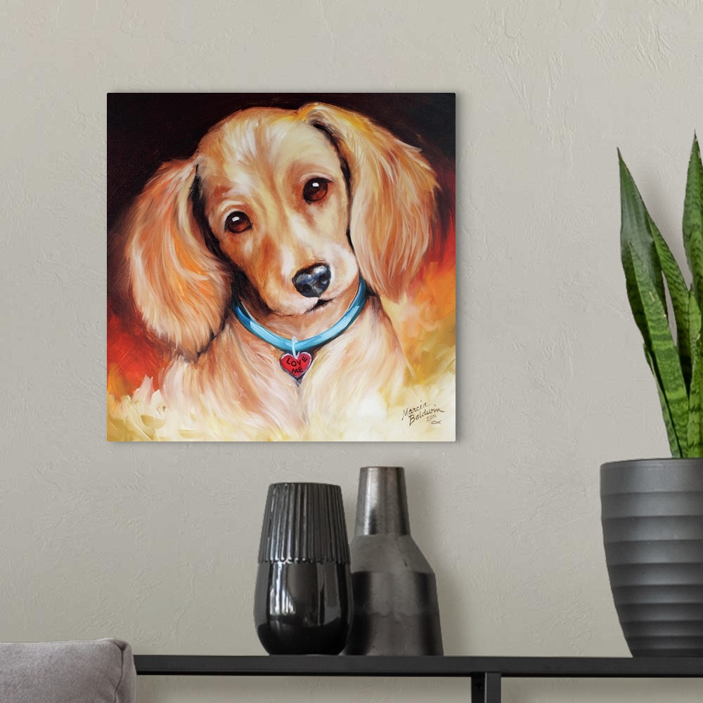 A modern room featuring Painting of a blonde dachshund wearing a heart shaped tag that says "Love Me" on a square backgro...