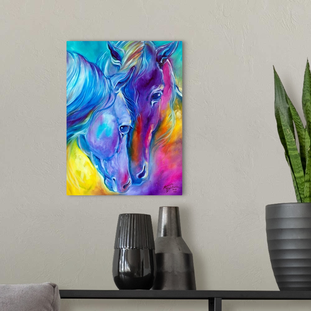 A modern room featuring Vibrant painting of two horses pressing their noses together in blue, purple, pink, orange, and y...