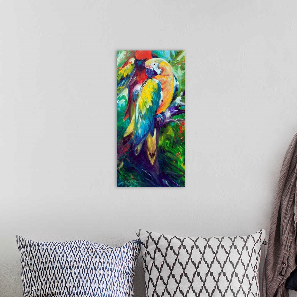 A bohemian room featuring Panel painting of two colorful macaws perched on a branch with leaves in the background.