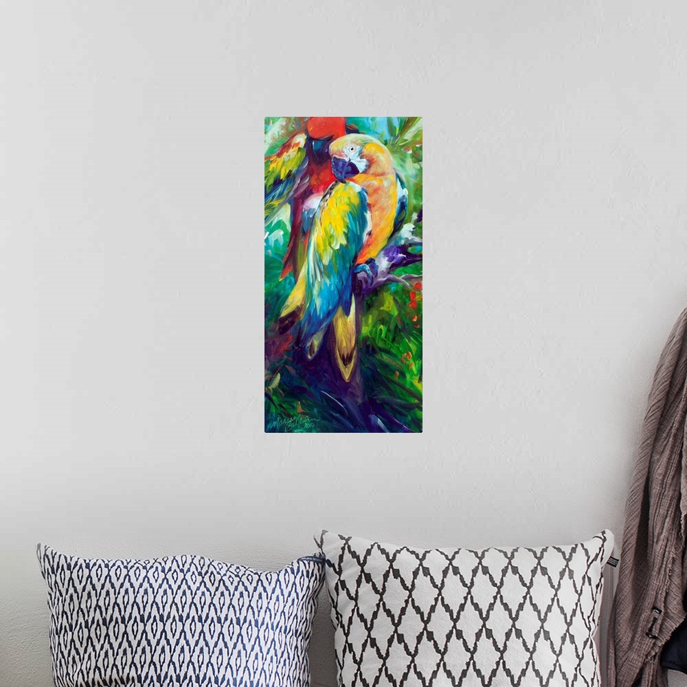A bohemian room featuring Panel painting of two colorful macaws perched on a branch with leaves in the background.