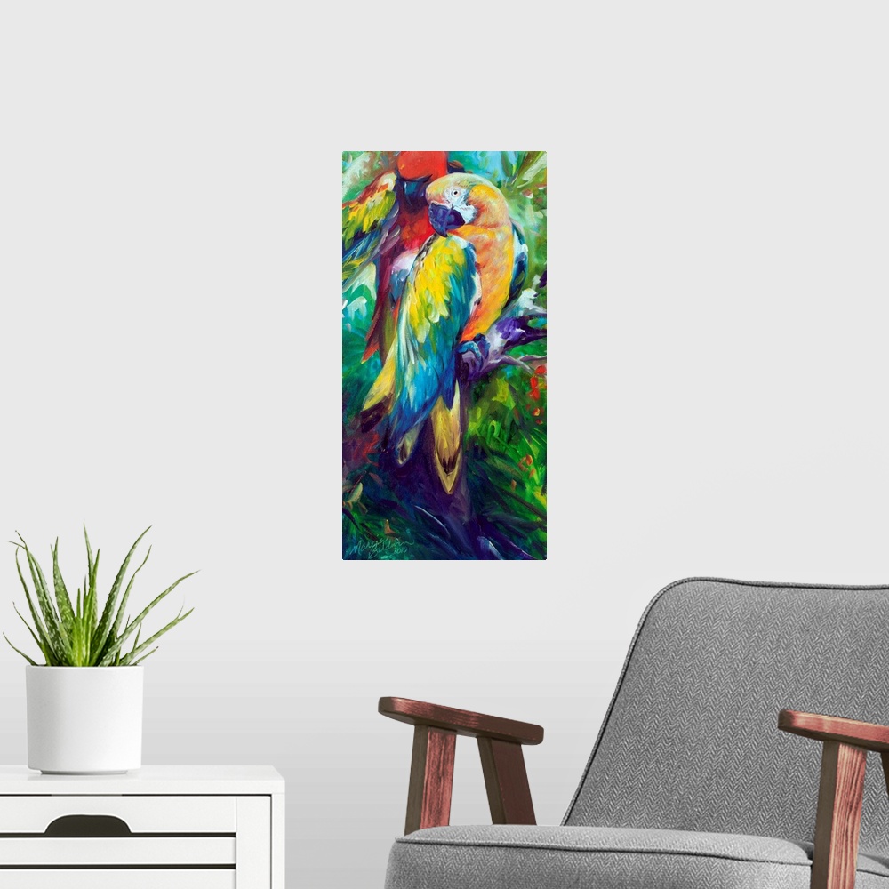 A modern room featuring Panel painting of two colorful macaws perched on a branch with leaves in the background.