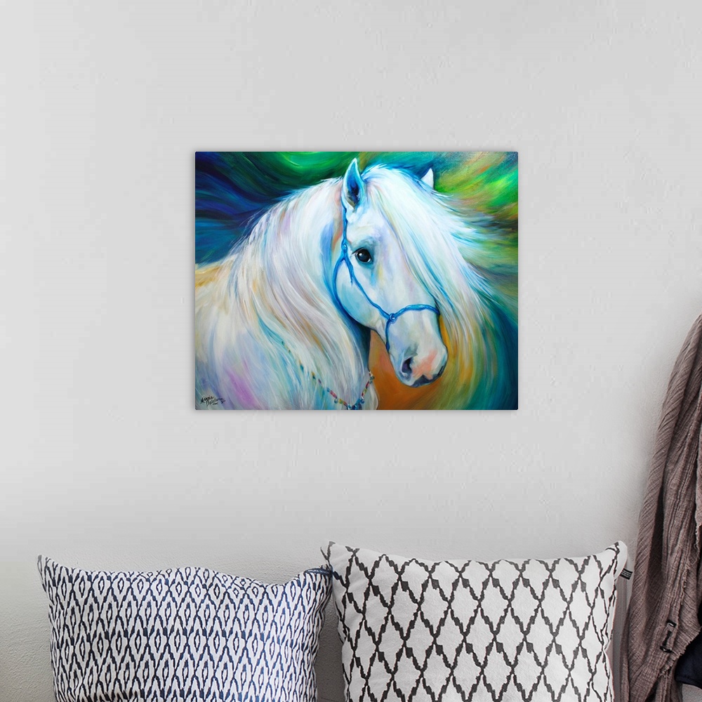 A bohemian room featuring Contemporary painting of a beautiful white horse with purple, blue, and yellow tones on a swirlin...