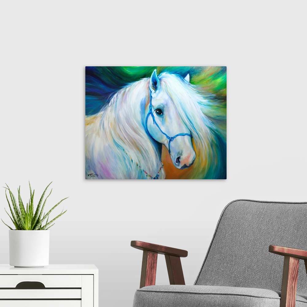 A modern room featuring Contemporary painting of a beautiful white horse with purple, blue, and yellow tones on a swirlin...