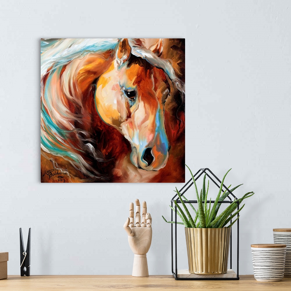 A bohemian room featuring Square painting of a brown toned horse with blue highlights.
