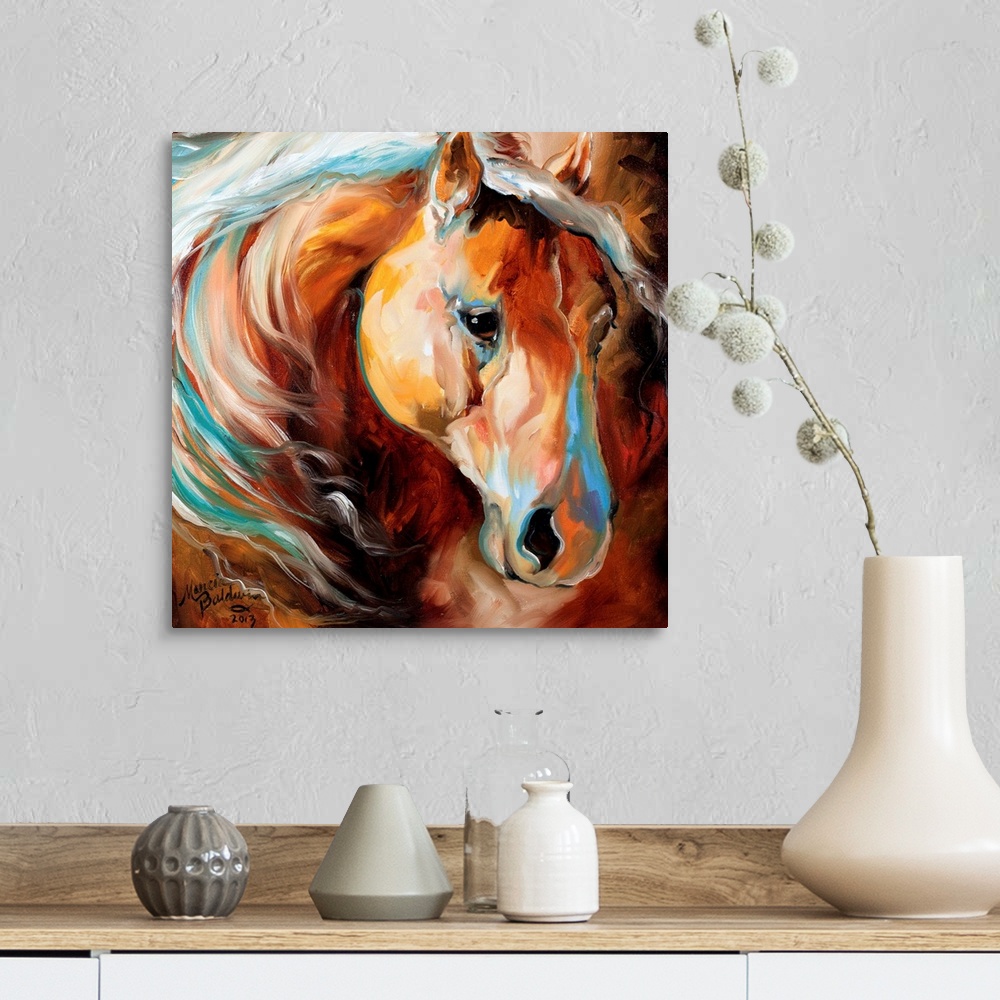 A farmhouse room featuring Square painting of a brown toned horse with blue highlights.