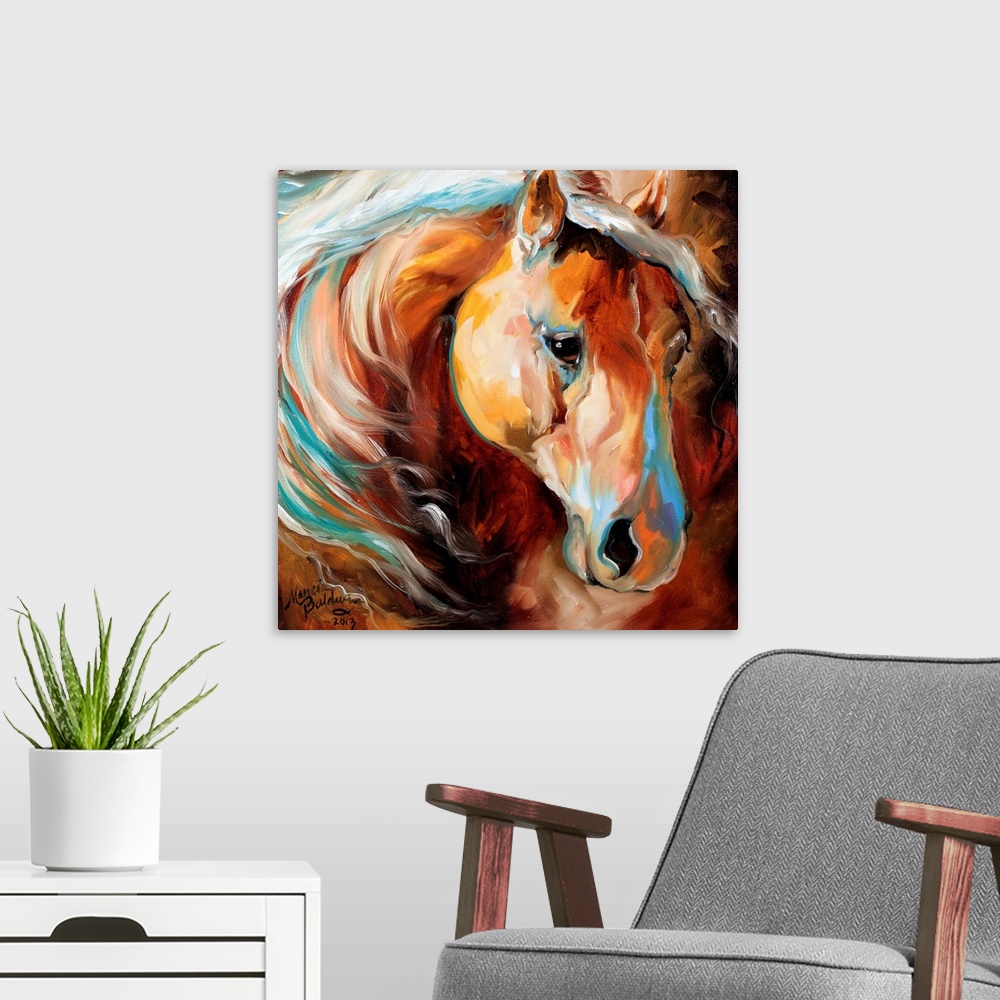A modern room featuring Square painting of a brown toned horse with blue highlights.