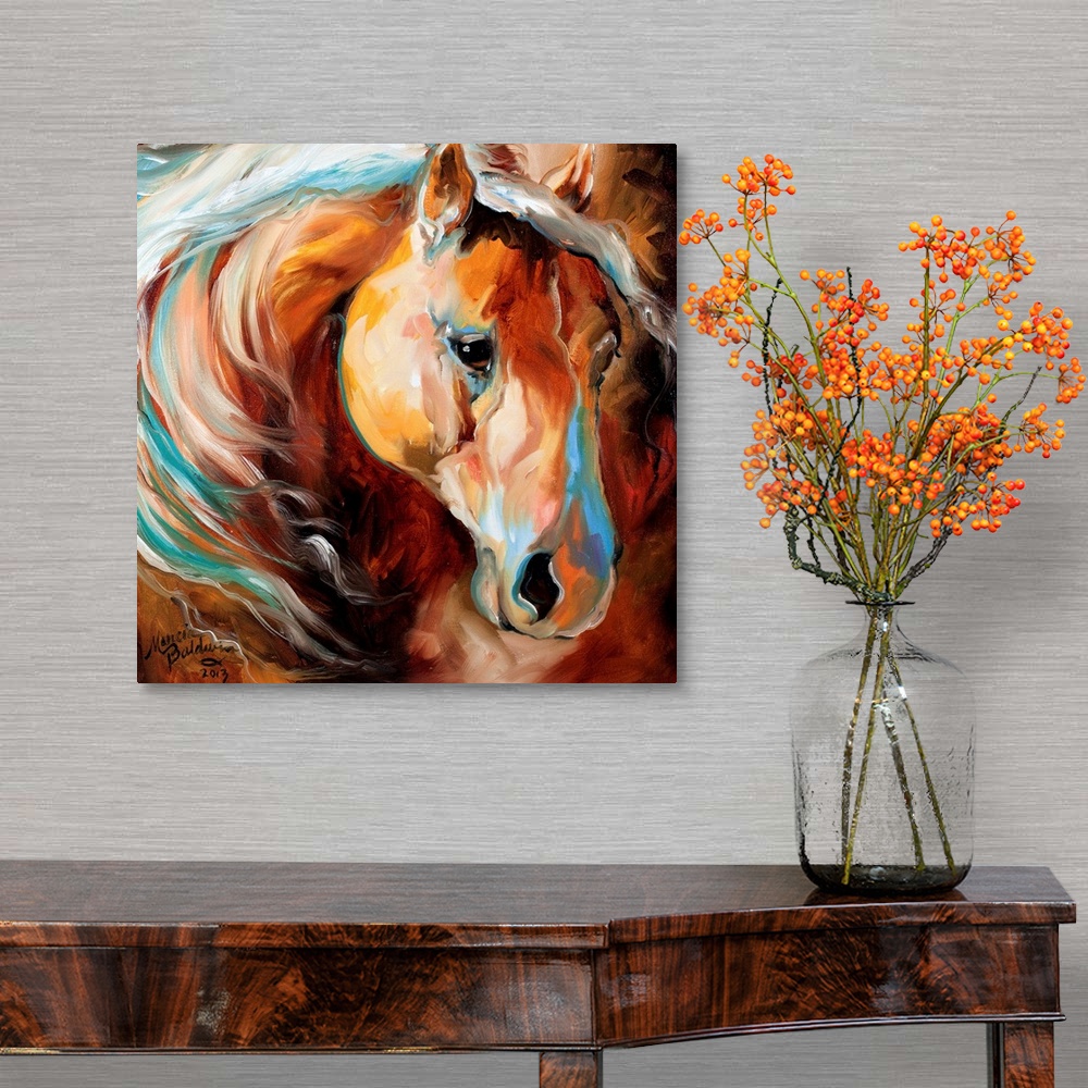 A traditional room featuring Square painting of a brown toned horse with blue highlights.