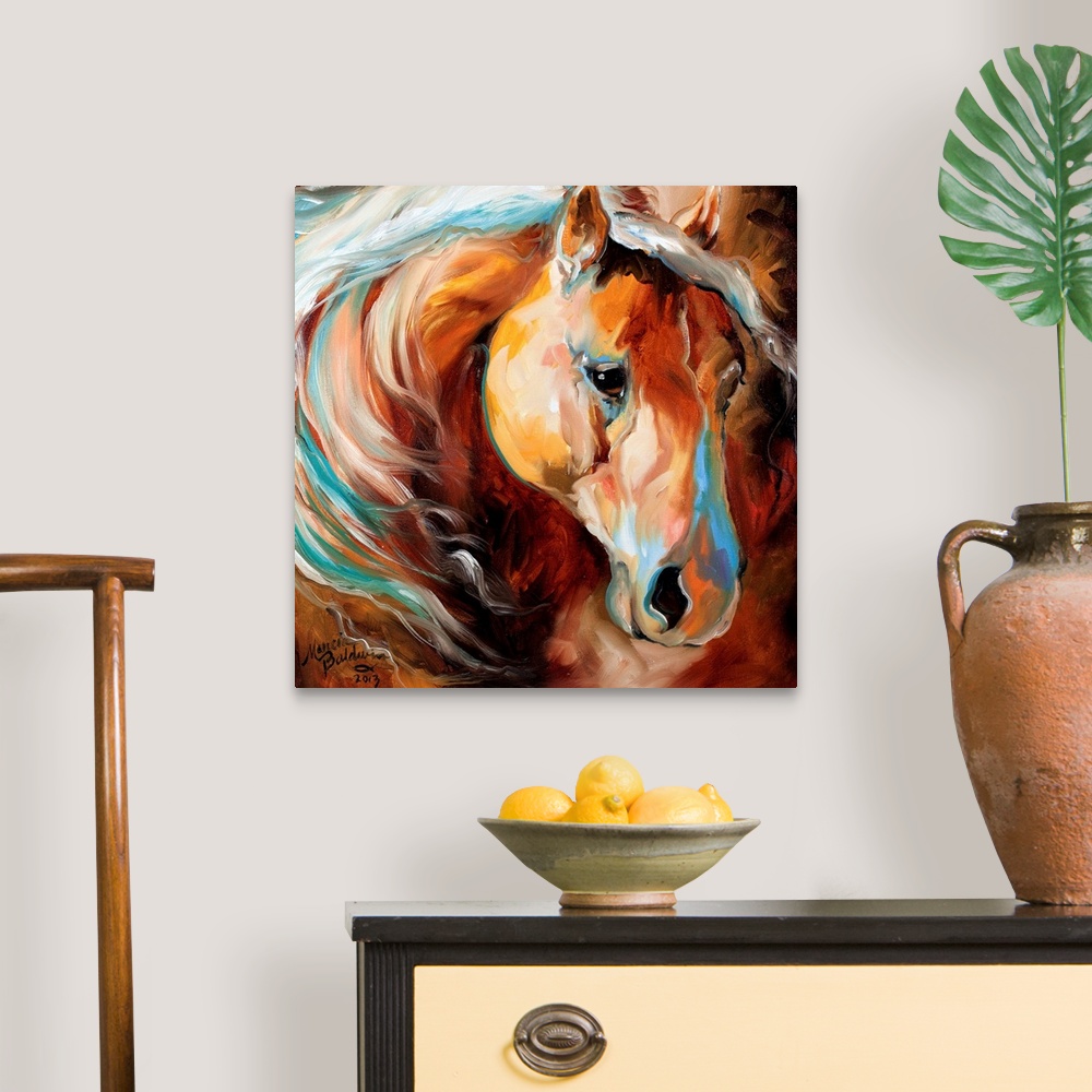 A traditional room featuring Square painting of a brown toned horse with blue highlights.