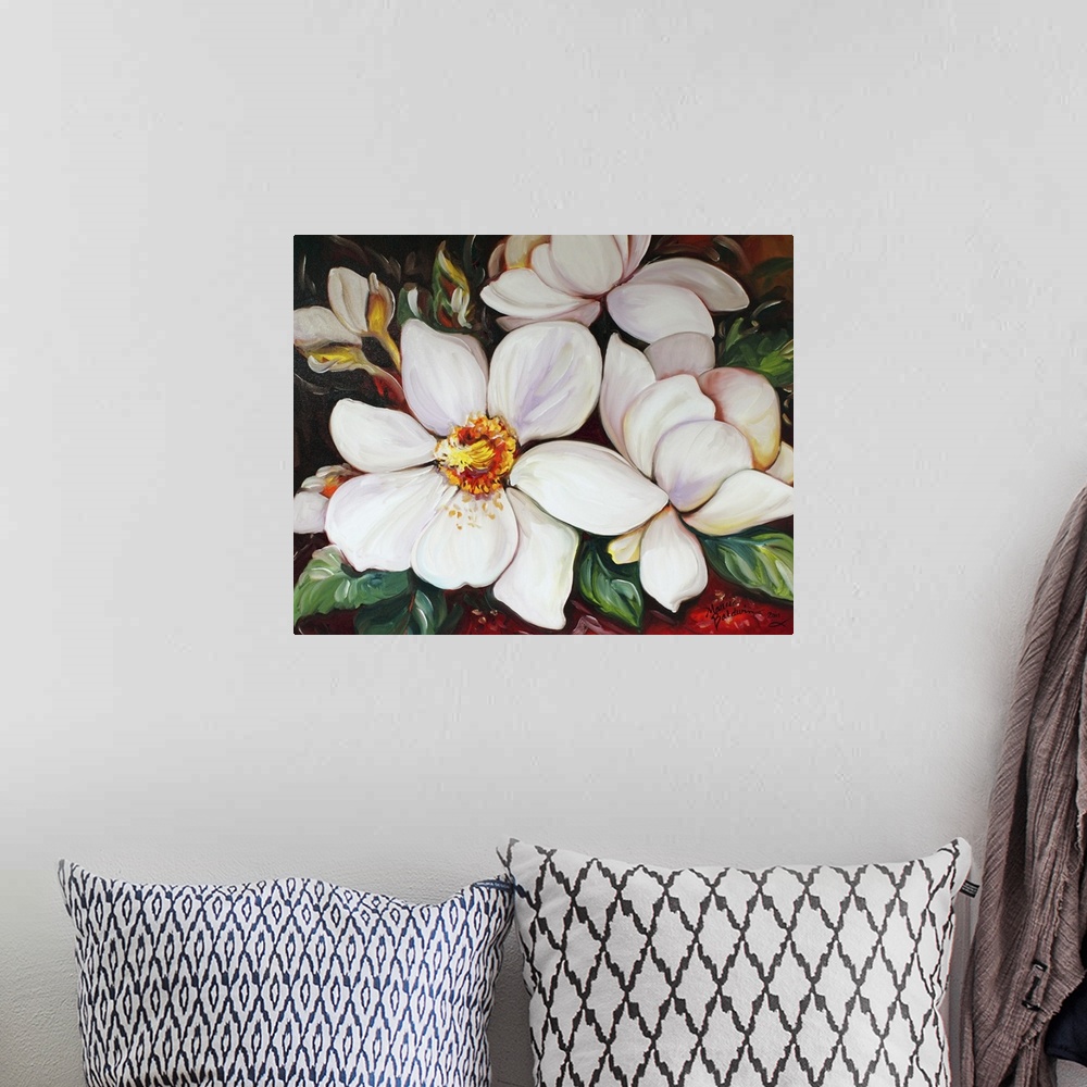 A bohemian room featuring Contemporary painting of white magnolia flowers with a red and green background.