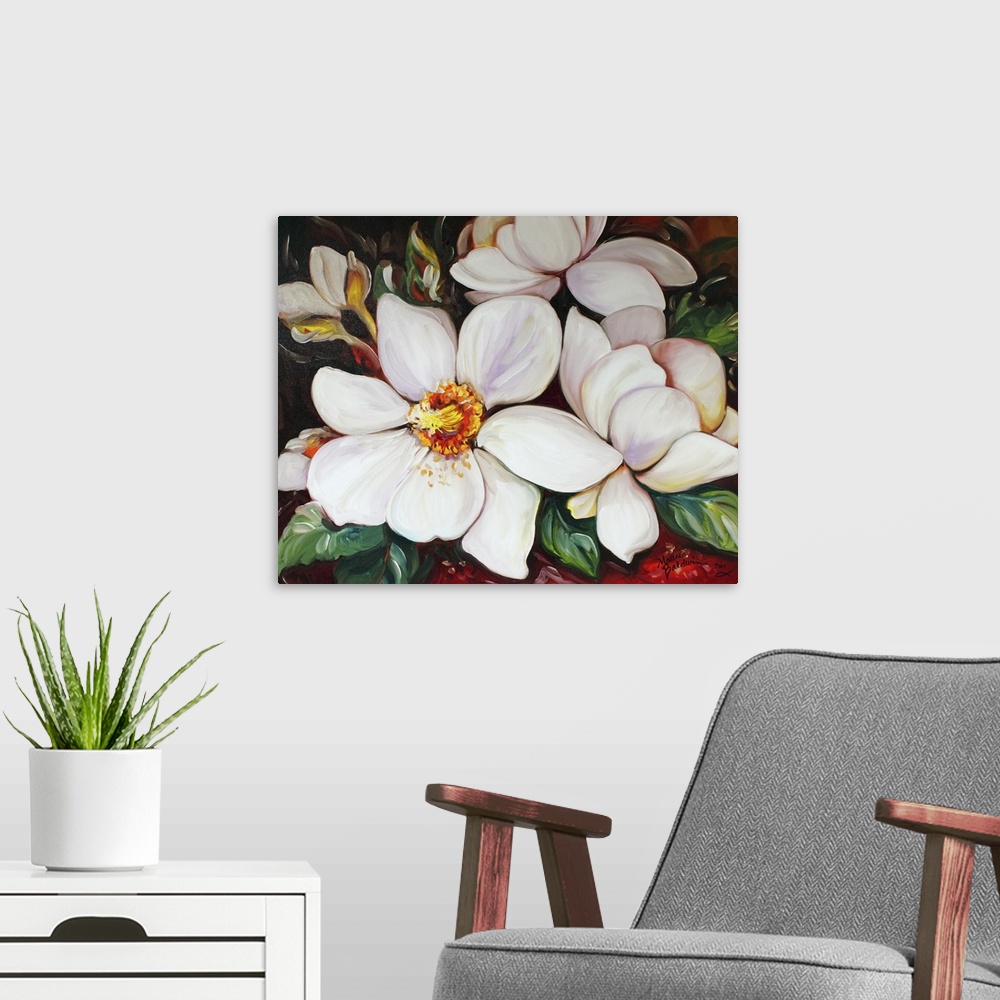 A modern room featuring Contemporary painting of white magnolia flowers with a red and green background.