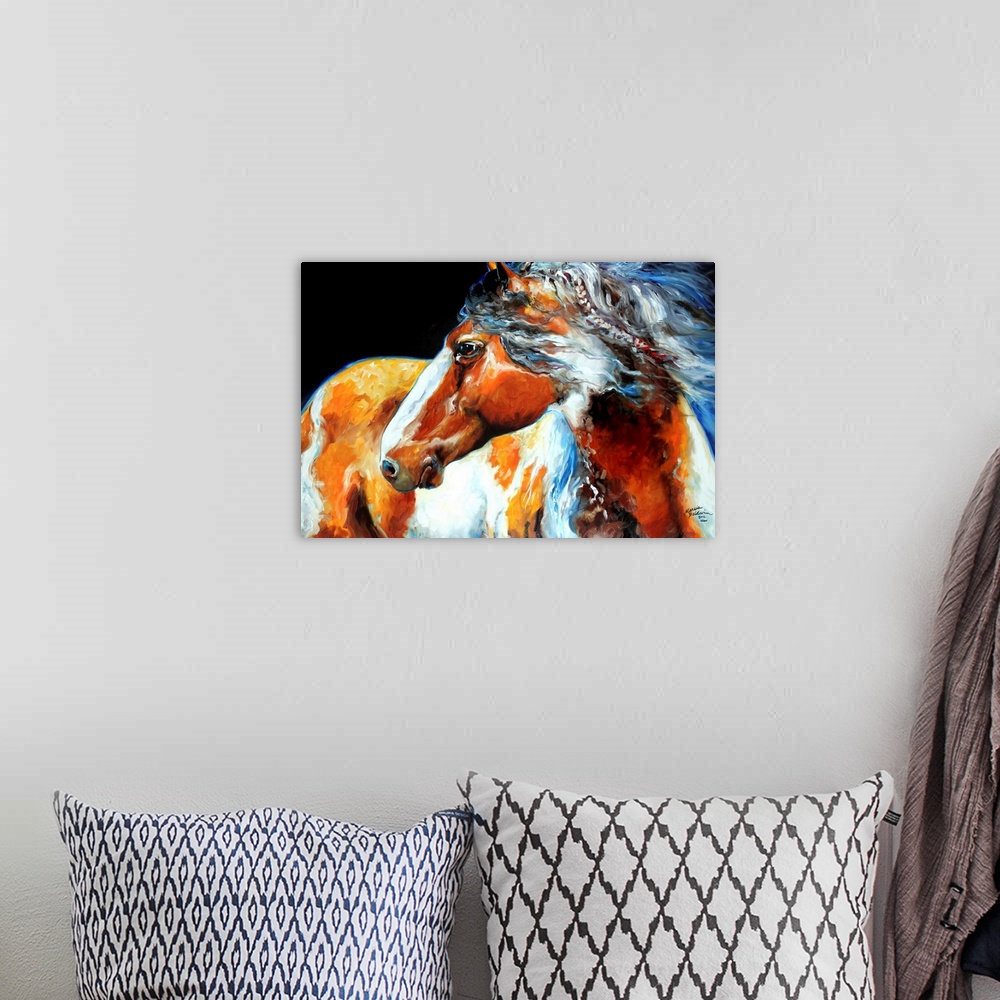 A bohemian room featuring Contemporary painting of an Indian War Horse with feathers in its mane.